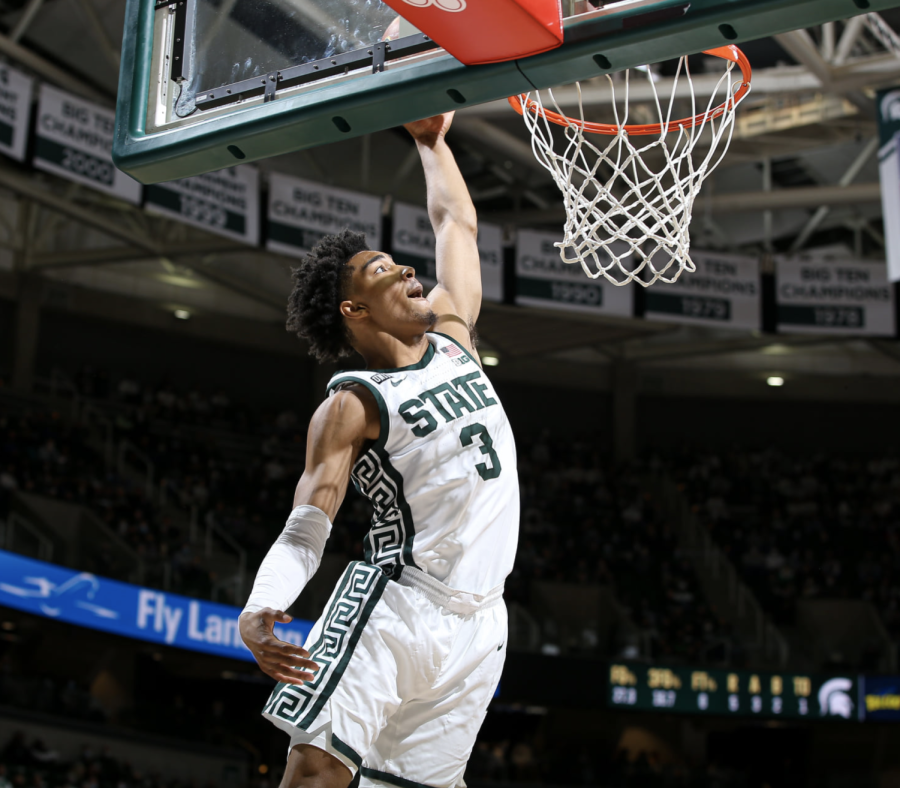 MSU+guard+Jaden+Akins+slams+down+a+breakaway+dunk+during+the+Spartans+81-68+win+over+Toledo+on+Dec.+4%2C+2021%2F+Photo+Credit%3A+MSU+Athletic+Communications