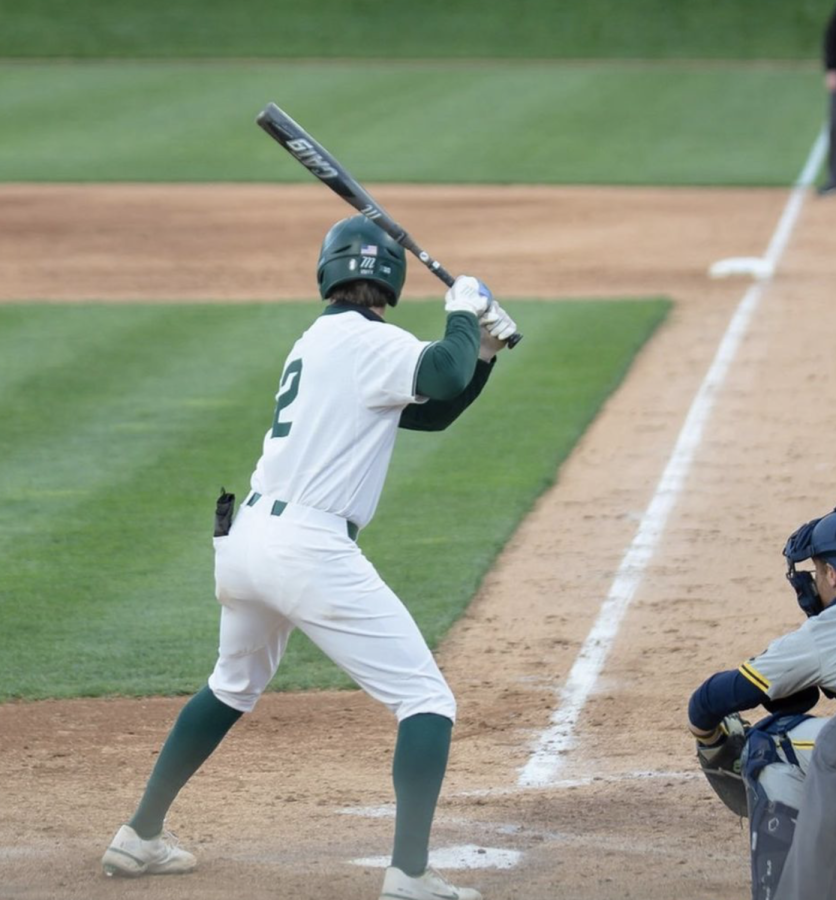 MSU infielder Dillon Kark stands in the batters box  against Michigan in 2021/ Photo Credit: MSU Athletic Communications 
