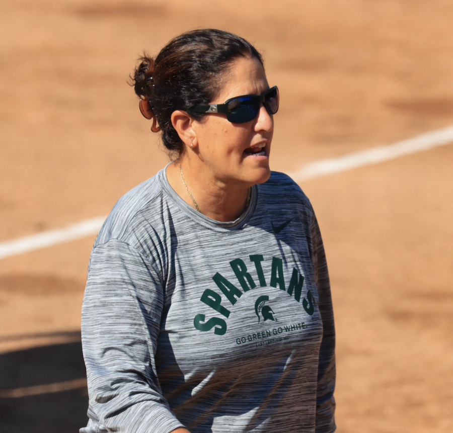 MSU+softball+head+coach+Jacquie+Joseph+during+the+Spartans+scrimmage+against+Note+Dame+on+Oct.+9%2C+2021%2F+Photo+Credit%3A+Sarah+Smith%2FWDBM