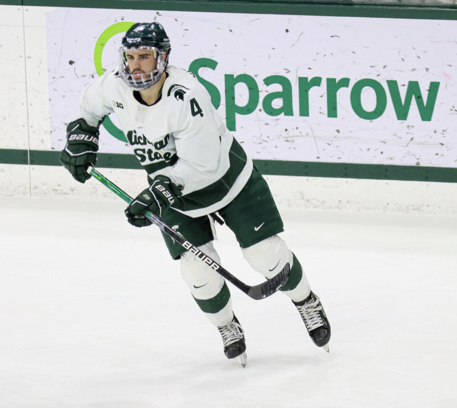 MSU defenseman Nash Nienhius skates up the ice during the Spartans 3-2 loss to Ohio State on Jan. 22, 2022/ Photo Credit: Sarah Smith/WDBM