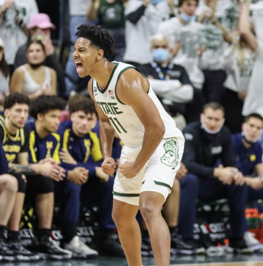 MSU+point+guard+A.J.+Hoggard+celebrates+during+the+Spartans+83-67+victory+over+Michigan+on+Jan.+29%2C+2022%2F+Photo+Credit%3A+Sarah+Smith%2FWDBM