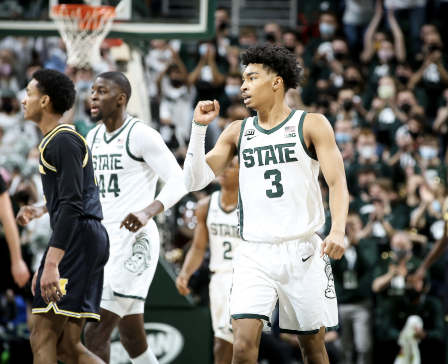 MSU+guard+Jaden+Akins+celebrates+during+the+Spartans+83-67+victory+over+Michigan+on+Jan.+29%2C+2022%2F+Photo+Credit%3A+MSU+Athletic+Communications