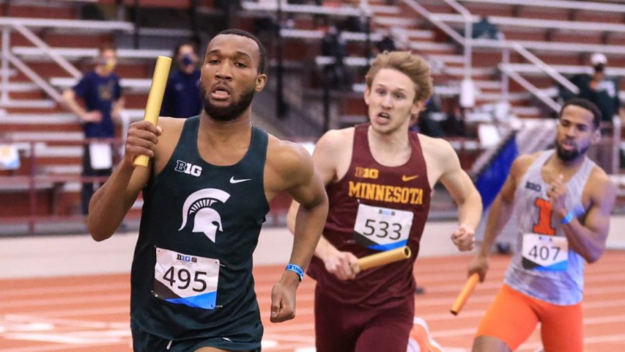 MSU track and fields Jalen Smith competes in relay at the Alex Wilson Invite/ Photo Credit: MSU Athletic Communications