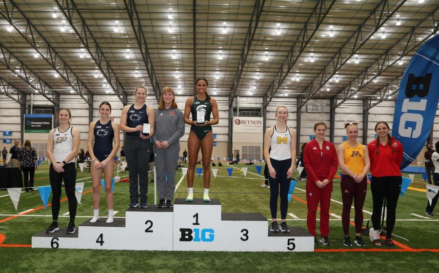 Michigan State track and fields Sophia Franklin poses after winning first place in the 2022 Big Ten indoor womens pole vault competition at the Big Ten Indoor Championships on Feb. 25, 2022/Photo Credit: MSU Athletic Communications