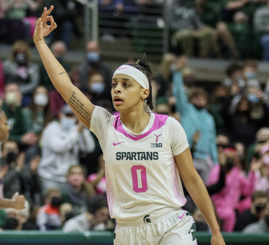 MSU+guard+Deedee+Hagemann+celebrates+after+canning+a+3-pointer+during+the+Spartans+63-57+over+No.+4+Michigan+on+Feb.+10%2C+2022%2F+Photo+Credit%3A+Sarah+Smith%2FWDBM+
