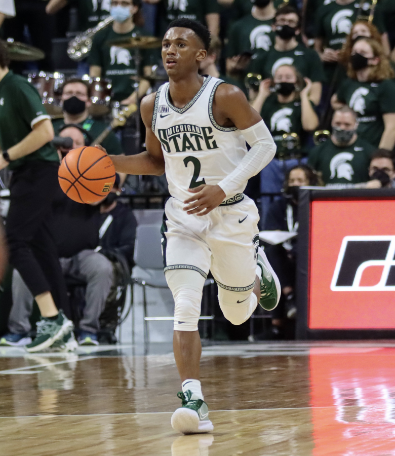 MSU guard Tyson Walker runs the break in transition during MSUs 79-74 home loss to No. 12 Illinois on Feb. 19, 2022/ Photo Credit: Sarah Smith/WDBM