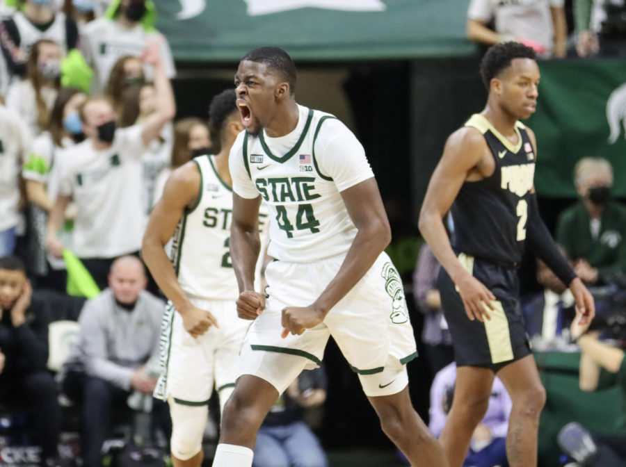 MSU+mens+basketballs+Gabe+Brown+celebrates+during+the+Spartans+contest+against+Purdue+at+the+Breslin+Center+on+Feb.+26%2C+2022%2FPhoto+Credit%3A+Sarah+Smith%2FWDBM