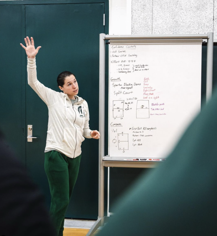 MSU+volleyball+head+coach+Leah+Johnson+talks+with+her+team+before+practice+on+Feb.+25%2C+2022%2F+Photo+Credit%3A+MSU+Athletic+Communications