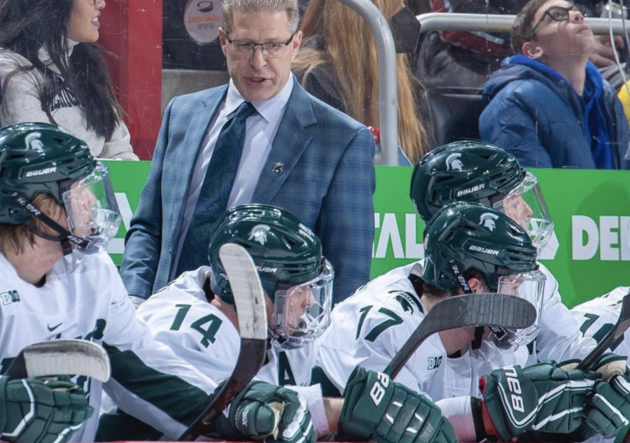 MSU head coach Danton Cole talks with his team on the bench during the Spartans 7-3 loss to Michigan on Feb. 12, 2022/ Photo Credit: MSU Athletic Communications 