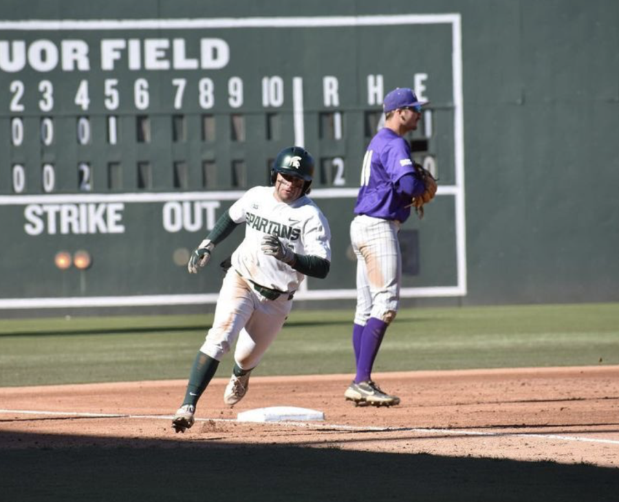 MSU+infielder+Trent+Farquhar+sprints+for+home+during+the+Spartans+5-2+win+over+Western+Carolina+on+March+12%2C+2022%2F+Photo+Credit%3A+MSU+Athletic+Communications+