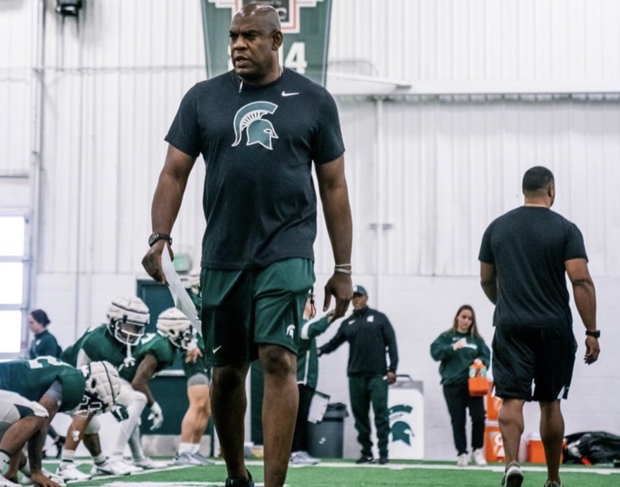 MSU head coach Mel Tucker supervises a 2022 spring practice session in March of 2022/ Photo Credit: MSU Athletic Communications