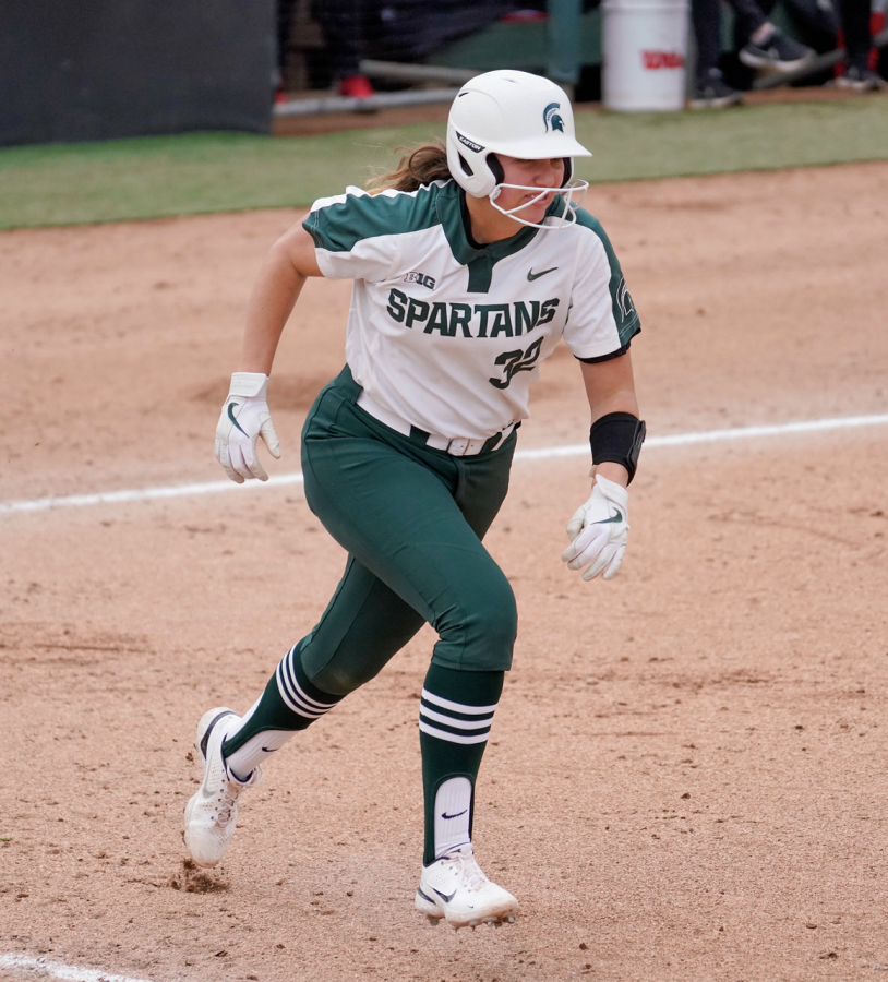MSU third baseman Alexis Barroso runs out of the batters box during the Spartans 2-1 loss to Ohio State on April 3, 2022/ Photo Credit: Sarah Smith/WDBM