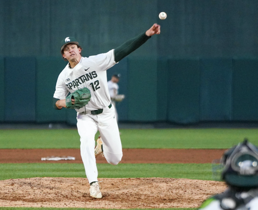 MSU pitcher Aidan Arbaugh goes into his windup during the Spartans 18-6 loss to Michigan on April 15, 2022/ Photo Credit: Sarah Smith