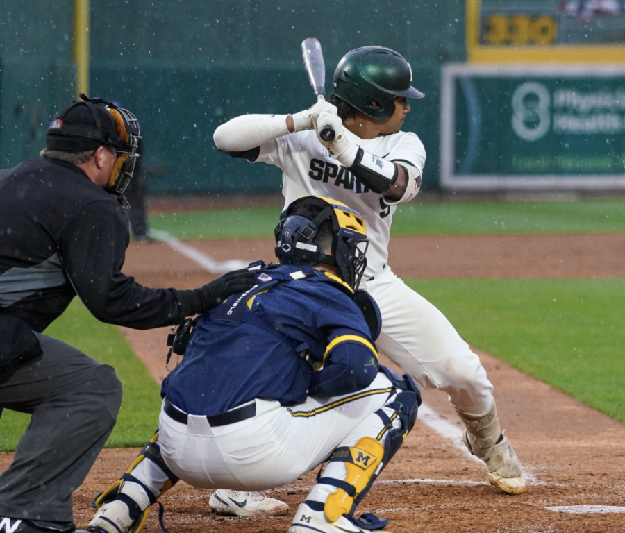MSU catcher Christian Williams stands in the batters box during the Spartans 18-6 loss to Michigan on April 15, 2022/ Photo Credit: Sarah Smith/WDBM