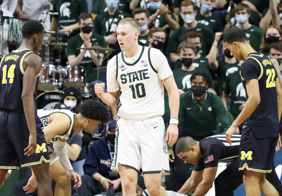 MSU forward Joey Hauser pumps his fist during the Spartans 83-67 win over Michigan on Jan. 29, 2022/ Photo Credit: Sarah Smith/WDBM