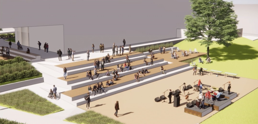 A view of a computer-generated image of the proposed amphitheater for outside the MMC, where students can do performances.