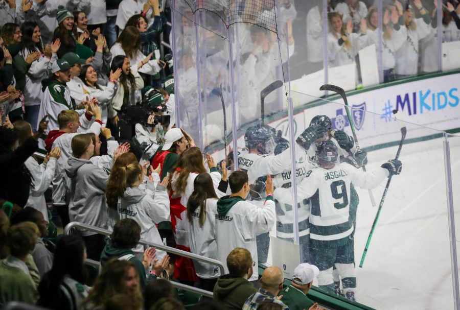Michigan+State+celebrates+a+goal+in+front+of+the+student+section.+%2F+Photo+Credit%3A+Sarah+Smith