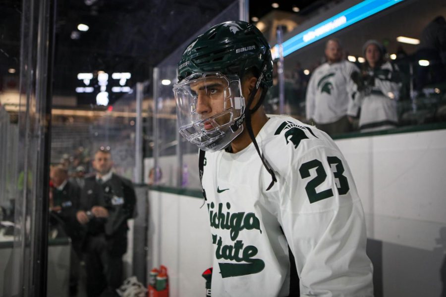 Jagger Joshua walks onto the ice after being named one of three players of the game after Michigan States 4-2 victory over Ohio State on November 10, 2022. Photo Credit: Sarah Smith/WDBM