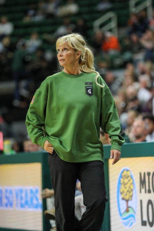 Head Coach Suzy Merchant assesses her team ahead of Michigan States game against Western Michigan on November 13, 2022. Photo Credit: Sarah Smith/WDBM