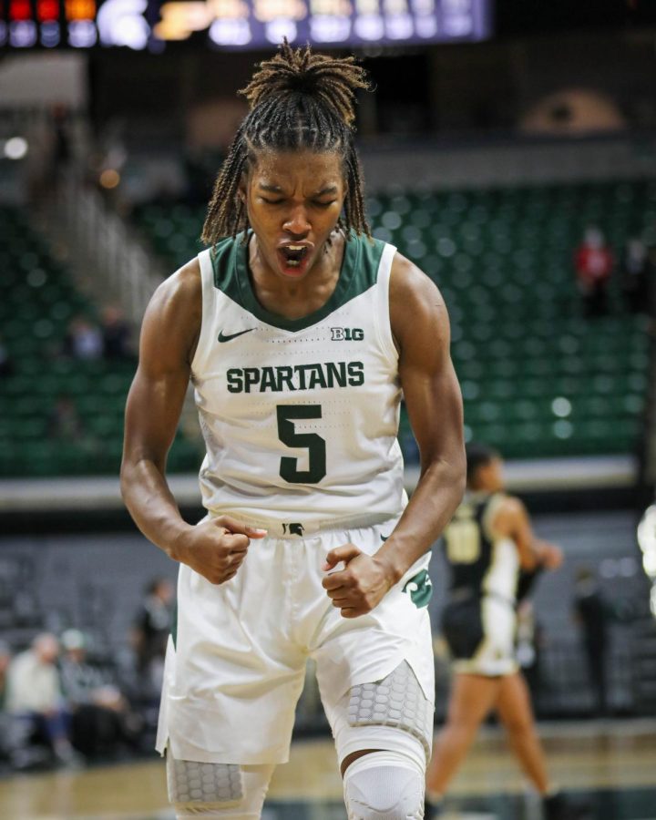 Kamaria McDaniel celebrates after a big basket during Michigan States overtime loss to Purdue on December 5, 2022. Photo Credit: Sarah Smith/WDBM