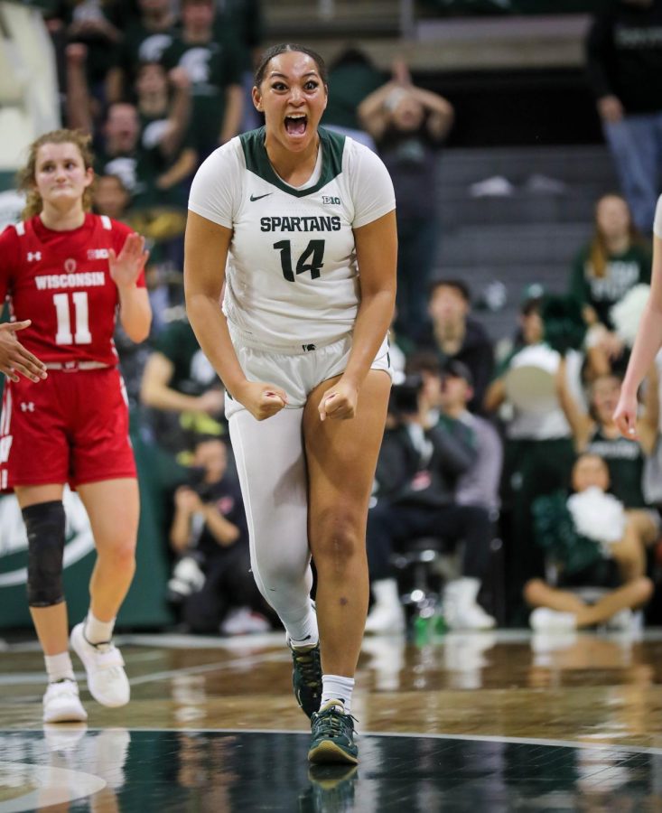 Taiyer Parks celebrates after a forced Wisconsin turnover during Michigan States 84-80 loss to Wisconsin in overtime on January 11, 2023. Photo Credit: Sarah Smith/WDBM