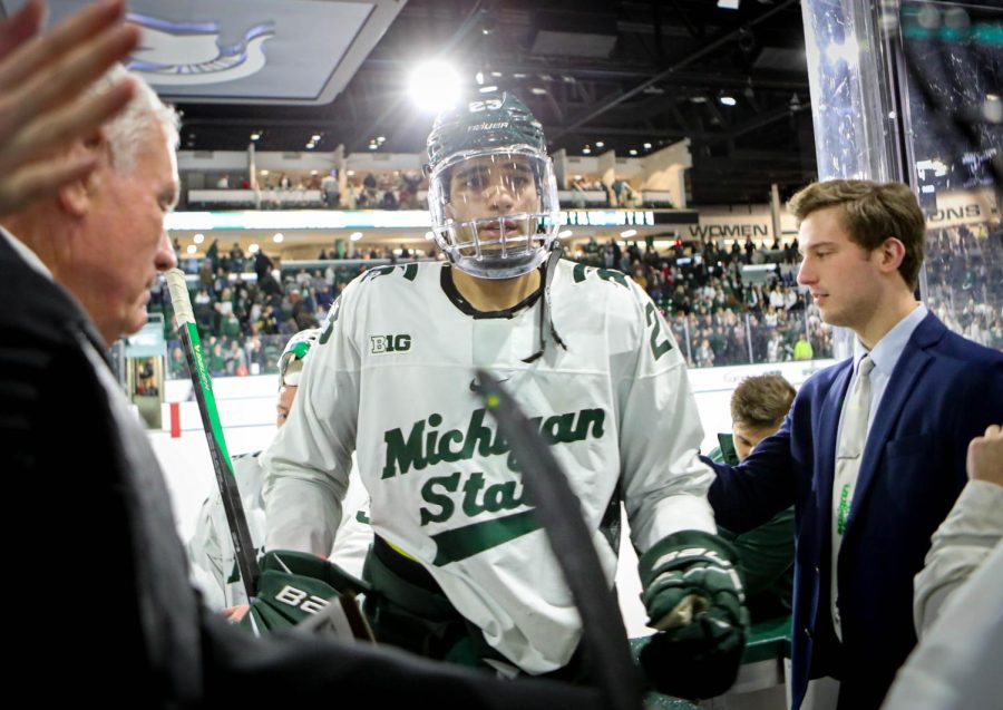 Jagger Joshua exits the ice after his hat trick performance during Michigan States tie with No. 5 Penn State on January 14, 2023. Photo Credit: Sarah Smith/WDBM
