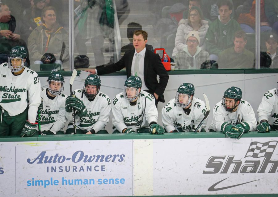 Adam Nightingale on the Michigan State bench during Michigan States tie with No. 5 Penn State on January 14, 2023. Photo Credit: Sarah Smith/WDBM