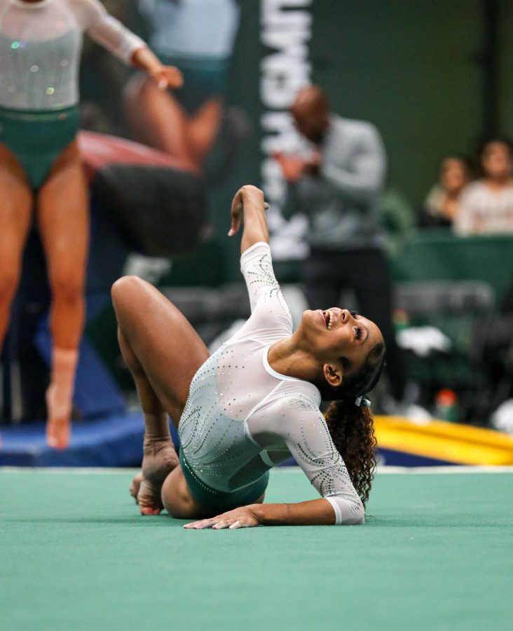 Nyah Smith finishes her floor routine during Michigan States 197.200-196.975 victory over No. 3 Michigan on January 22, 2023. Photo Credit: Sarah Smith/WDBM