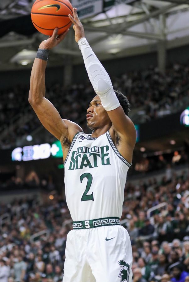 Tyson Walker shoot the ball during Michigan States 63-61 victory over Iowa on January 26, 2023. Photo Credit: Sarah Smith/WDBM