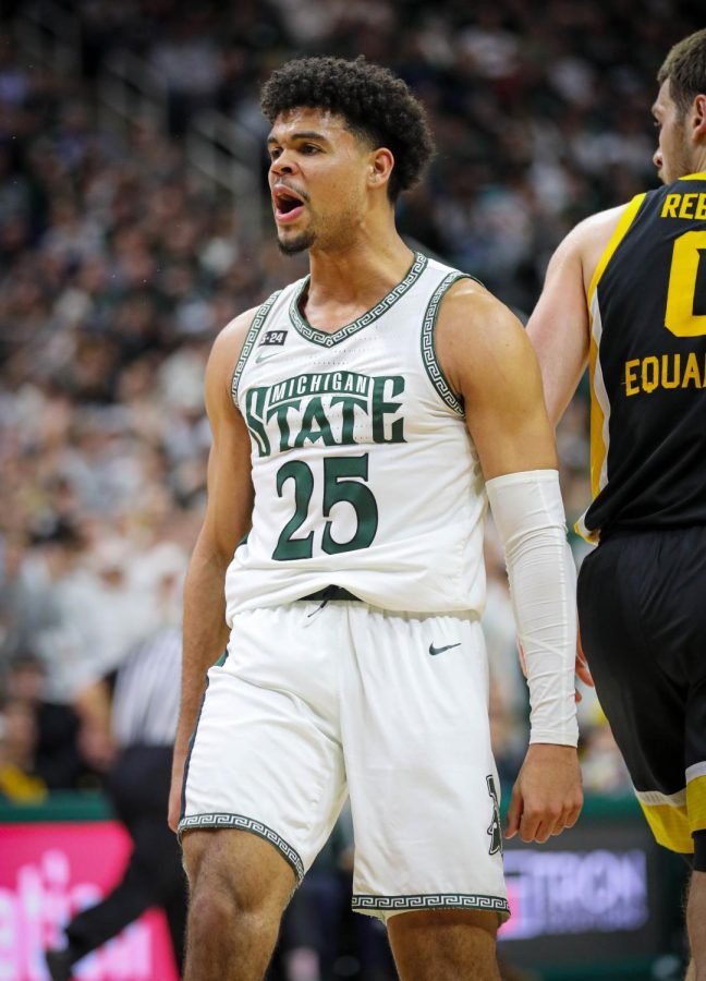 Malik Hall celebrates after a made basket during Michigan States 63-61 victory over Iowa on January 26, 2023. Photo Credit: Sarah Smith/WDBM