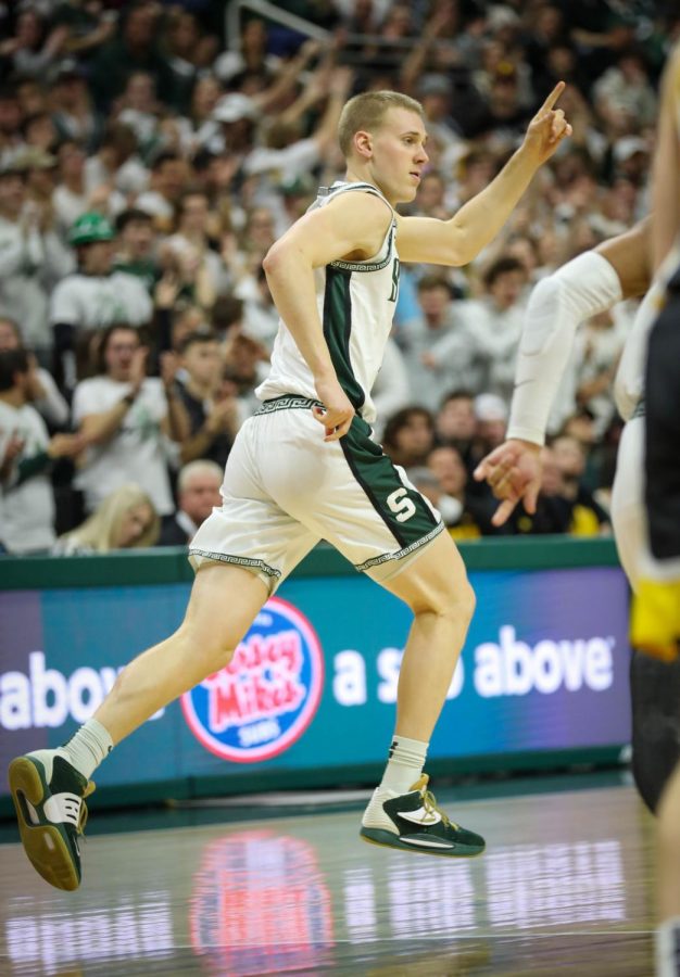 Joey Hauser after a made three-pointer during Michigan States 63-61 victory over Iowa on January 26, 2023. Photo Credit: Sarah Smith/WDBM