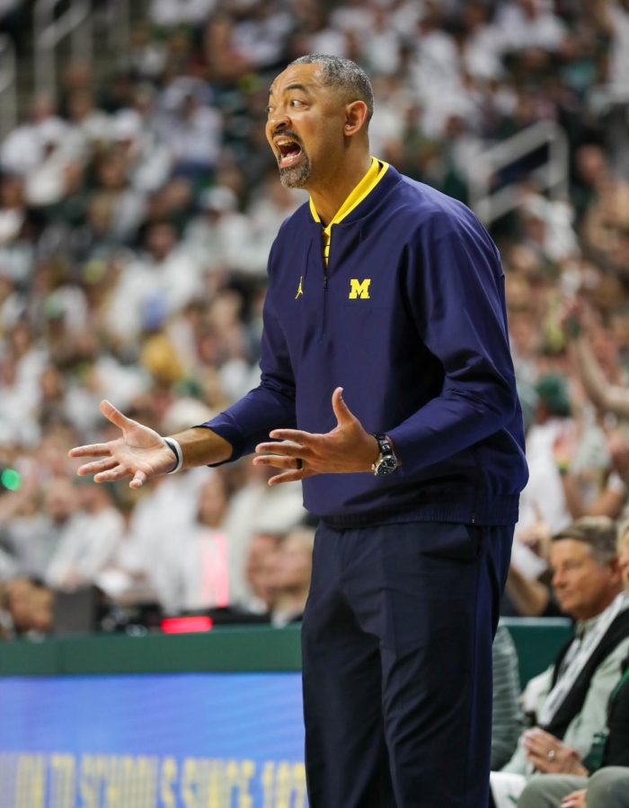 Michigan Head Coach Juwan Howard argues with the referee during Michigan States 59-53 victory over Michigan on January 7, 2023. Photo Credit: Sarah Smith/WDBM