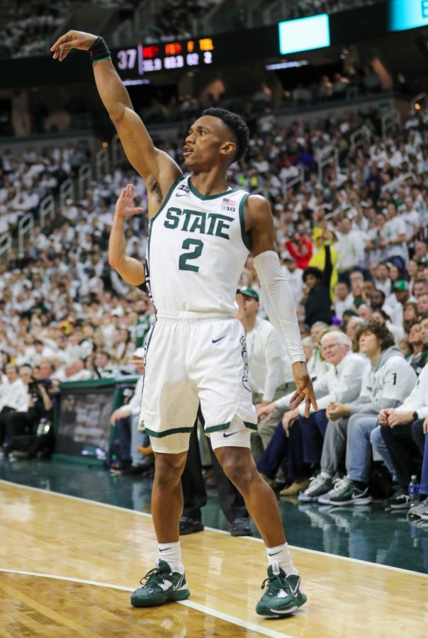 Tyson Walker shoots a three-pointer during Michigan States 59-53 victory over Michigan on January 7, 2023. Photo Credit: Sarah Smith/WDBM