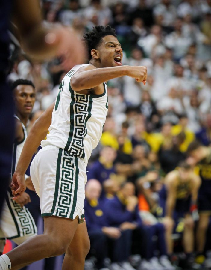 AJ Hoggard celebrates after a basket during Michigan States 59-53 victory over Michigan on January 7, 2023. Photo Credit: Sarah Smith/WDBM