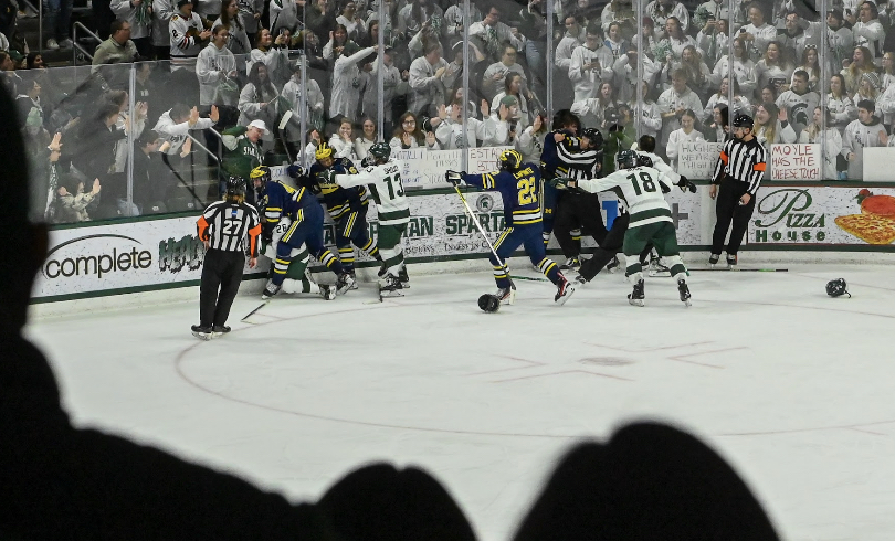 The Michigan State Spartans and Michigan Wolverines fight during Michigan State’s 4-2 loss to Michigan on February 10, 2023. Photo Credit: Jack Moreland/WDBM