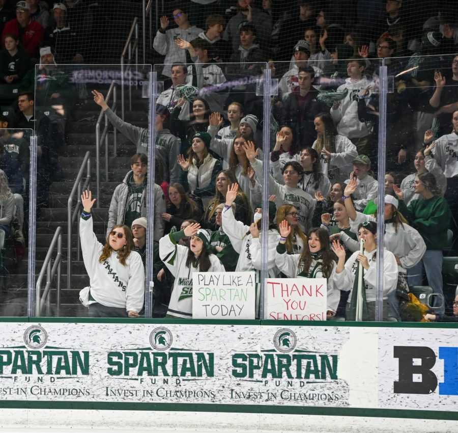 The Munnsters cheer on the Spartans during Michigan States 3-2 victory over Notre Dame on February 4, 2023. Photo Credit: Jack Moreland/WDBM