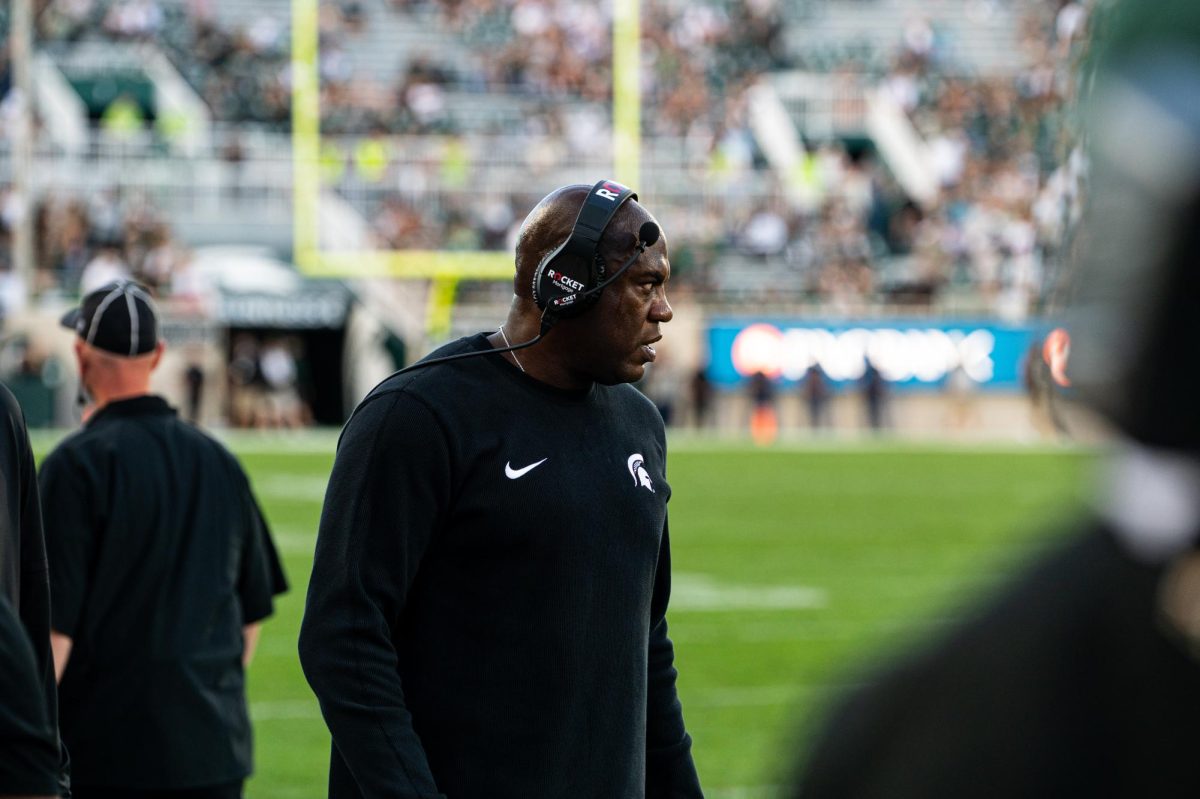 Mel Tucker on the sidelines during MSUs game against Richmond on September 9, 2023. The Spartans defeated Richmond, 45-14. Photo Credit: Jack Moreland/WDBM 