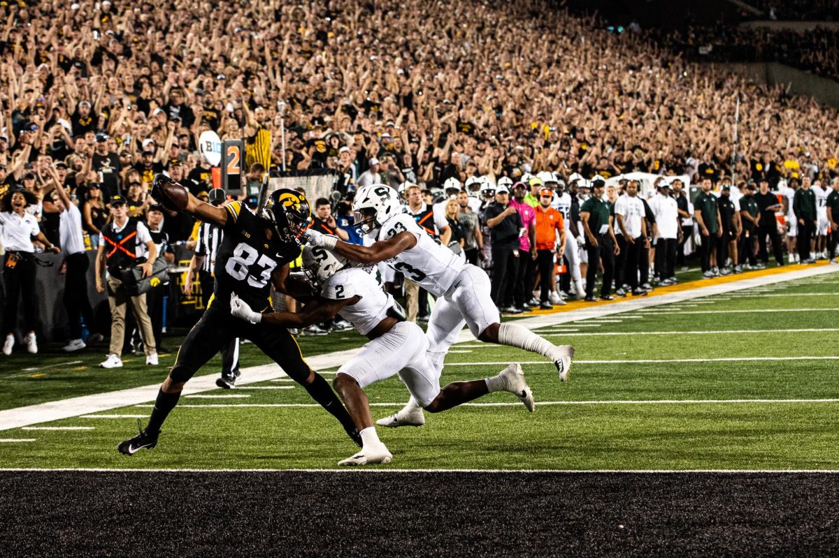 Iowa senior tight end Erick All scores a touchdown in the second quarter against Michigan State on Saturday, September 30, 2023 at Kinnick Stadium. Alls reception would be the only offensive touchdown scored in the 26-16 Iowa victory.