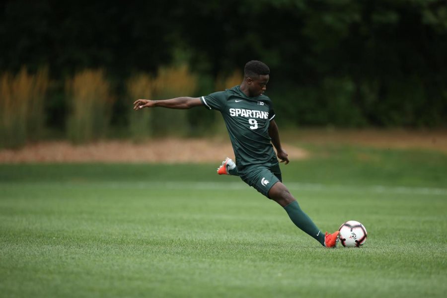 MSU+forward+Farai+Mutatu+launches+a+long+kick+during+a+game+in+2019%2FPhoto+Credit%3A+MSU+Athletic+Communications