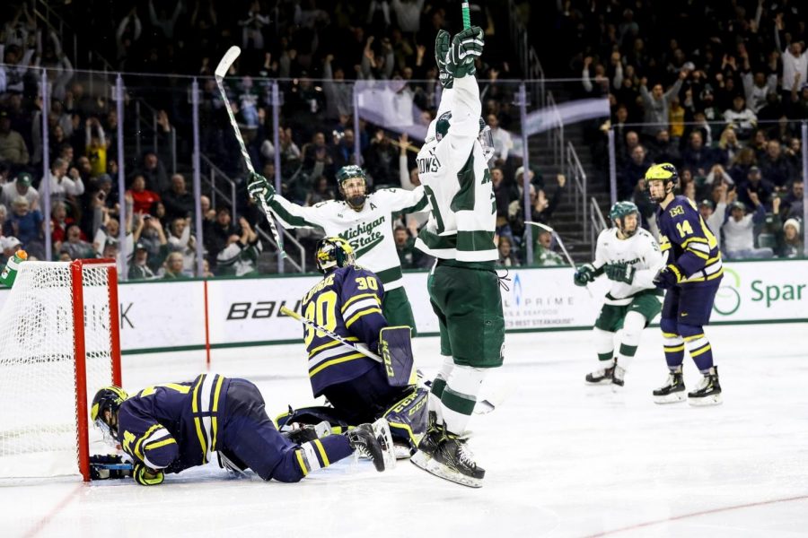 Mitchell Lewandowski celebrates after scoring against Michigan/Photo Credit: MSU Athletic Communications 