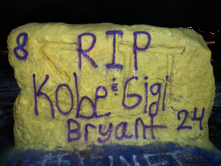 Students at MSU painted The Rock located on the schools campus in honor of Kobe Bryant and his daughter Gianna. (Credit: Ian Gilmour / WDBM)