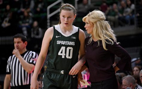 Julia Ayrault talks with Suzy Merchant/ Photo Credit: MSU Athletic Communications