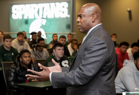 Michigan State head football coach Mel Tucker addresses his football team/ Photo Credit: Michigan State Athletic Communications)