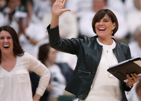 Cathy George celebrates a successful set/ Photo Credit: MSU Athletic Communications