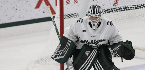 MSU goaltender Drew DeRidder in the net/Photo Credit: MSU Athletic Communications