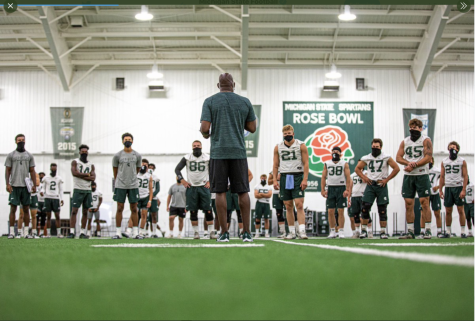 MSU head coach Mel Tucker talks to his team during practice/Photo Credit: MSU Athletic Communications