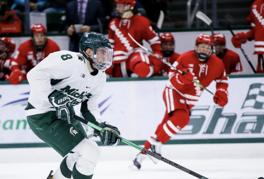 MSU+defenseman+Cole+Krygier+skates+against+Wisconsin%2FPhoto+Credit%3A+MSU+Athletic+Communications