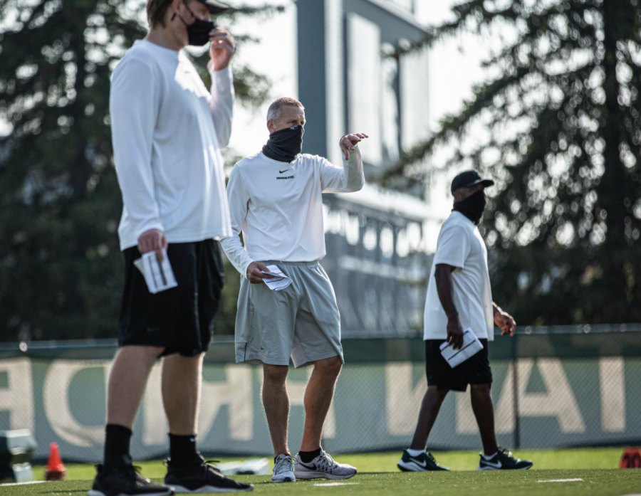 Michigan State Offensive Coordinator Jay Johnson during a fall practice/ Photo Credit: MSU Athletic Communications