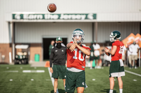 MSU quarterback Payton Thorne throwing during practice/ Photo Credit: MSU Athletic Communications