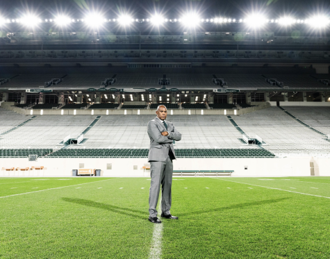 Mel Tucker stands in an empty Spartan Stadium/ Photo Credit: MSU Athletic Communications

